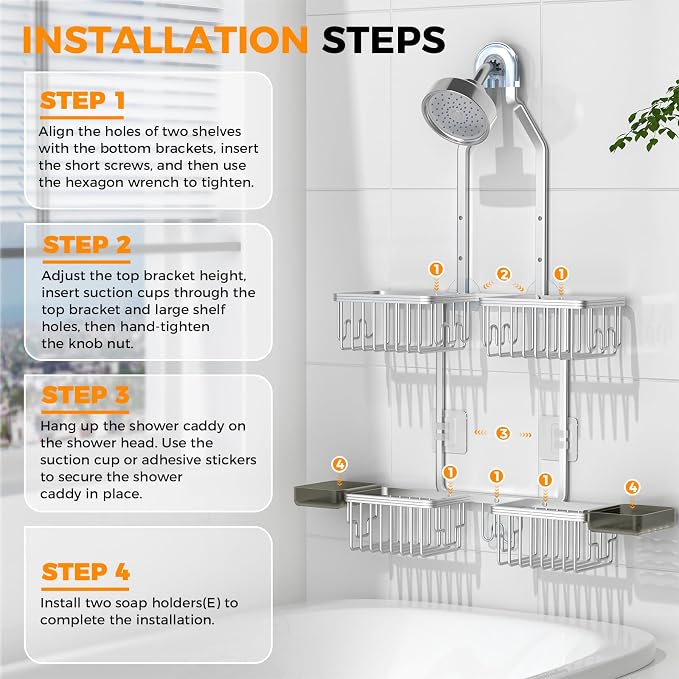 Adjustable Aluminum Shower Caddy Hanging for Handheld Showerhead, Silver - Image 7