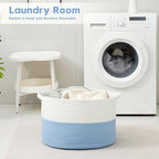 Foldable Laundry Hamper Basket with Collapsible Handle Cotton Rope Soft Woven Fabric Storage Organizer Clothes Toys Nursery Bedroom Dorm Space Saving Bin (White & Blue, 80L(21.7"D x 13.8"H)) - Image 6