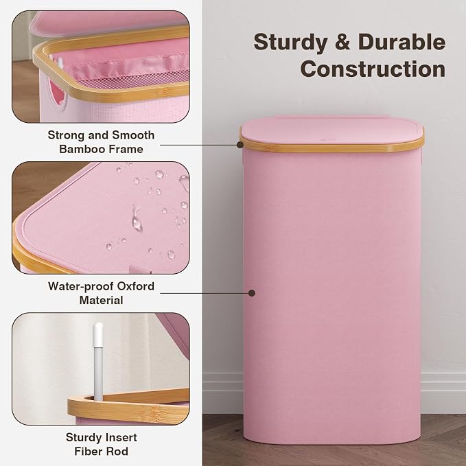 Bathola Laundry Hamper with Lid, Laundry Basket with Removable Bag, Pink - Image 6