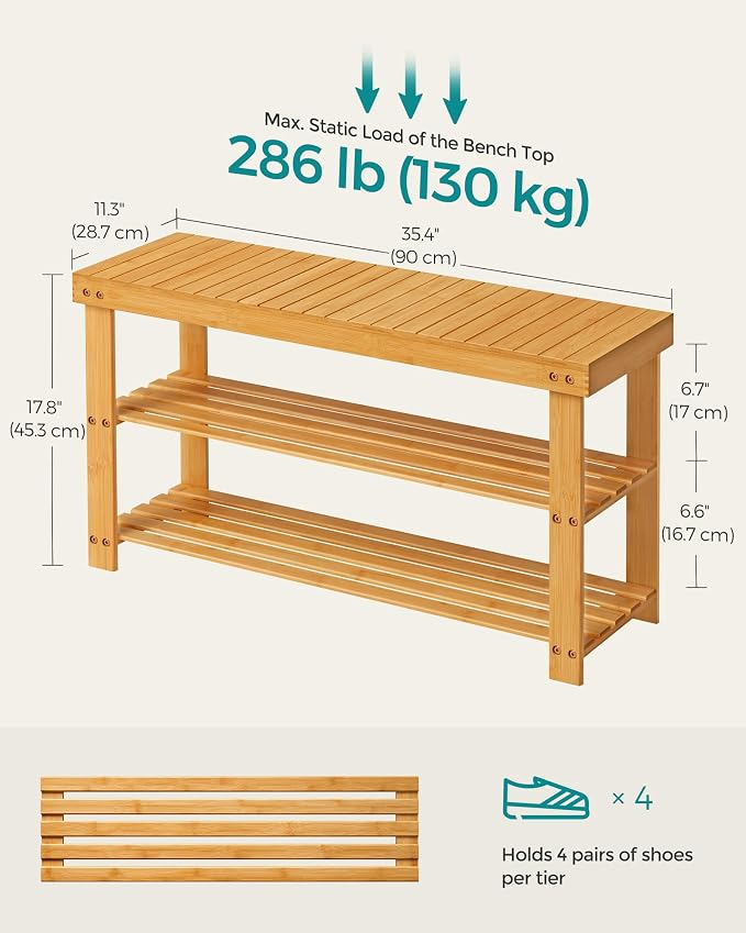 SONGMICS Shoe Rack Bench, 3-Tier Bamboo Entryway Bench, 35.4 Inches Width | Shoe Storage Organizer, Holds Up to 286.6 lb, Natural, BAMBOU Collection ULBS90N - Image 2