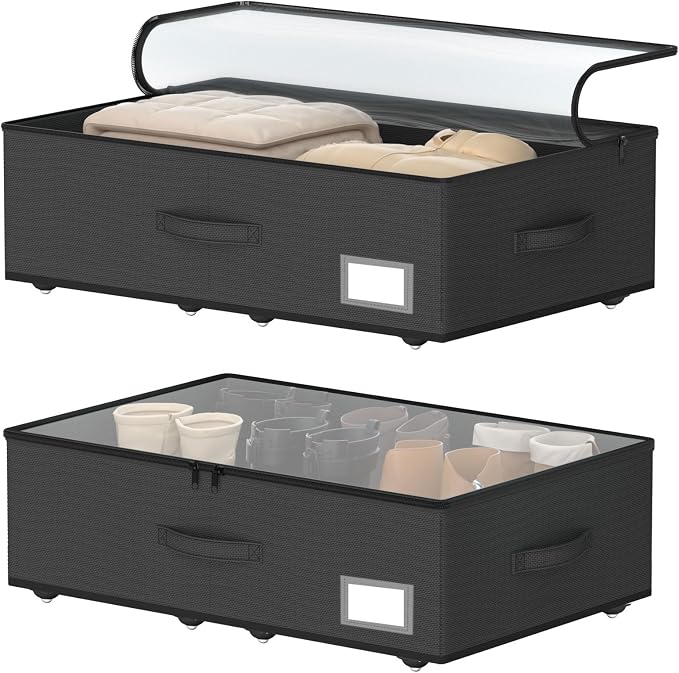 EE-RoomWorld Underbed Storage Bins with Wheels, No Assembly Required - 7.5 inch height Black Large Capacity Rolling Underbed Containers for Shoes, Dorm under bed storage drawers by EASIERLIFEENJOYWORLDBEAUTY