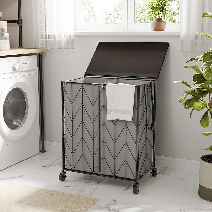 WOWLIVE Double Laundry Hamper with Lid, Rolling Laundry Basket with Wheels - Image 3