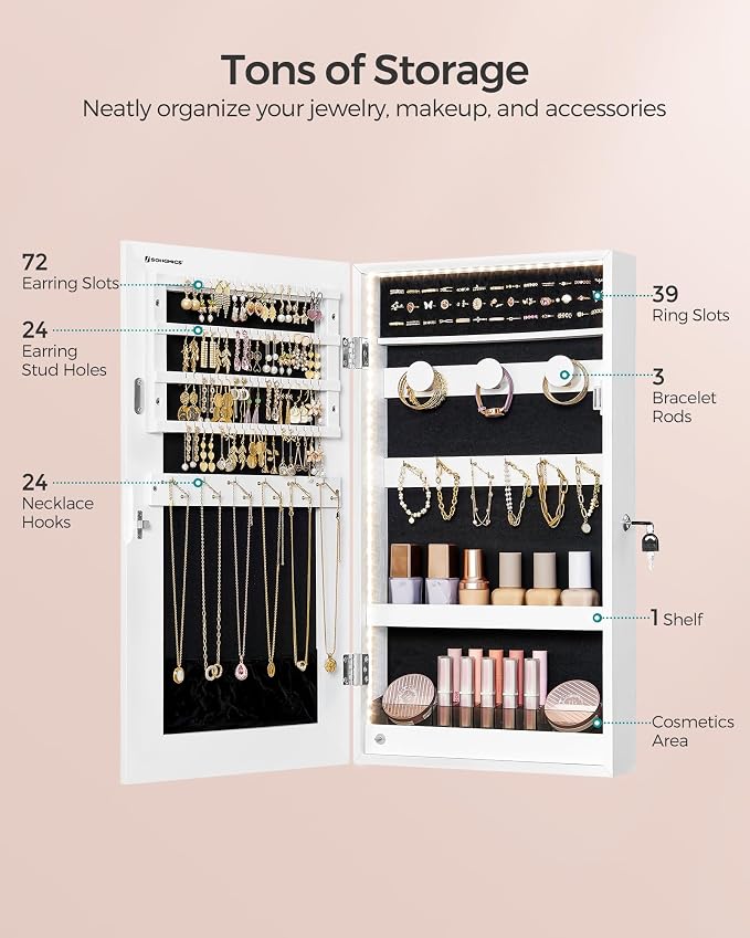 SONGMICS Lockable Jewelry Cabinet Armoire with Mirror, Wall-Mounted - Image 4