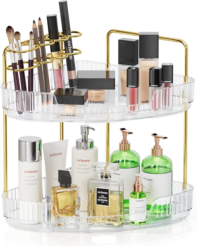EUHOME 2-Tier Corner Bathroom Organizer Counter - Acrylic Makeup Skincare Organizer with Brush Holder, Perfume Tray for Countertop, Vanity, Dresser, Kitchen（Clear） by EUHOME