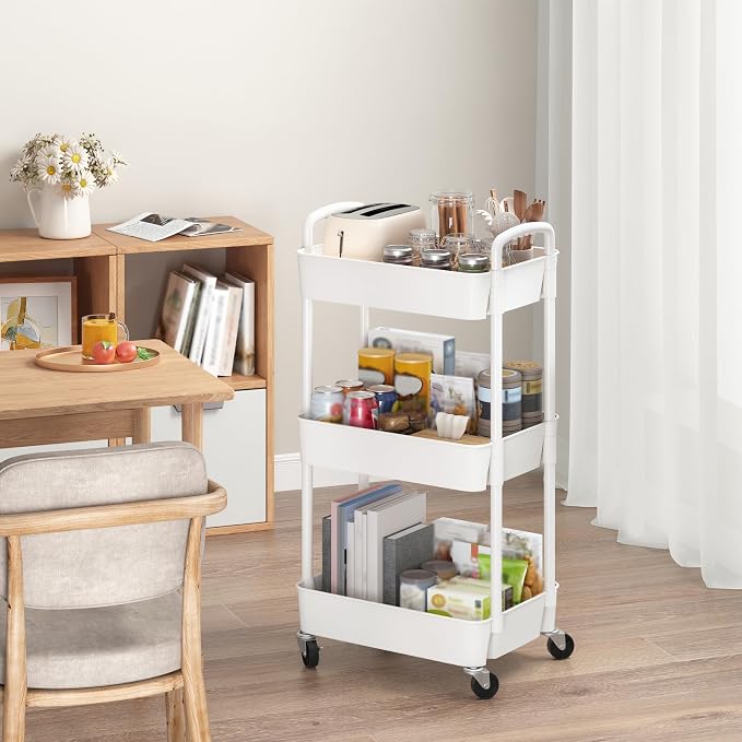 Sywhitta 3-Tier Plastic Rolling Utility Cart with Wheels for Storage,White - Image 3