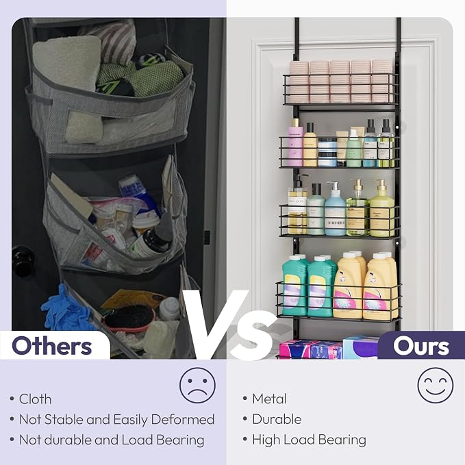 SWTYMIKI Over The Door Organizer - Door Organizer Hanging with 5 Adjustable Metal Large Capacity Basket and 6 Coat Hook, Wall Mounted Shelf for Bedroom Closet Bathroom Laundry Pantry Cabinet Kitchen - Image 6