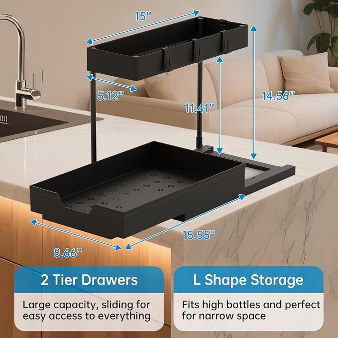NATURE'S SOURCE 2 Pack Under Sink Organizer 2 Tier Sliding Cabinet Organizers Multi-Purpose Sink Storage Basket L-Shape Narrow Space Storage Shelves with 4 Hook for Kitchen Bathroom Drawer, Black - Image 2