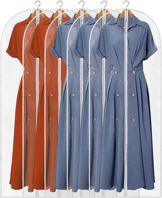 60" Dress Bags for Gowns, 5 Packs All Clear Garment Bags for Hanging Clothes, Plastic Waterproof Dress Cover with Zipper for Dresses, Coats, Uniforms (Set of 5) by Perber
