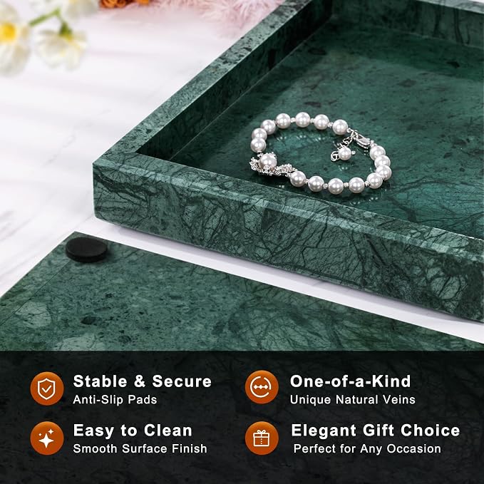 Marble Bathroom Tray for Countertop & Home Decor, Natural Decorative Marble Tray for Jewelry & Perfume Organizer, Luxury Stone Vanity Trays for Dresser, Kitchen Counter, 12" x 8", Green - Image 2