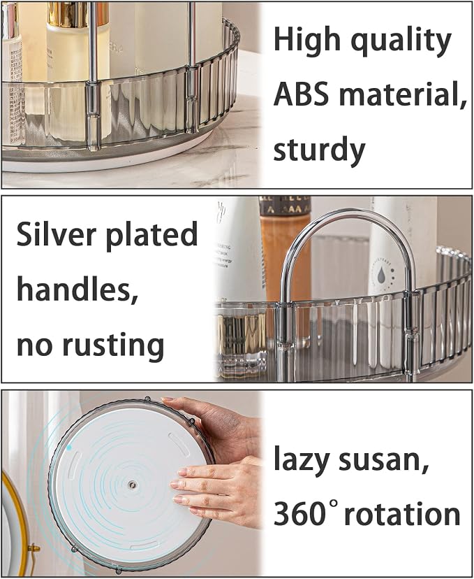 shuang qing Rotating Makeup Organizer for Vanity, High-Capacity Skincare Clear Make Up Storage Perfume Organizers Cosmetic Dresser Organizer Countertop 360 Spinning (Gray, 2 Tier) - Image 3