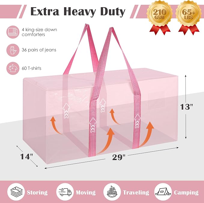12 Pack Moving Bags with Full-Open Side Zipper, Extra Large 93L Heavy Duty Waterproof Foldable Storage Totes for College Dorm, Moving & Home Organization Pink - Image 2