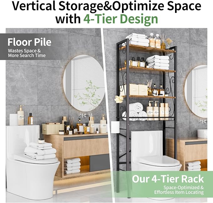 Over-The-Toilet Storage Rack 4-Tier,Bathroom Organizer Shelf Over Toilet,Adjustable Wooden Shelves and Basket,Freestanding Above Toilet Shelf,Space Saver for Rooms(Black Rack-Rustic Brown Shelves) - Image 5