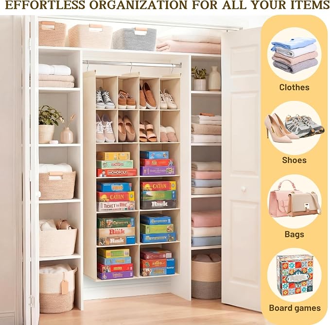 6 Tier Hanging Closet Organizer, 16 Compartments Dual Row Storage, Beige | Closet Organizers and Storage with Large & Small Pockets, 3 Sturdy Hooks Support Heavy Loads, Ideal for Dorm, Garment Rack - Image 6