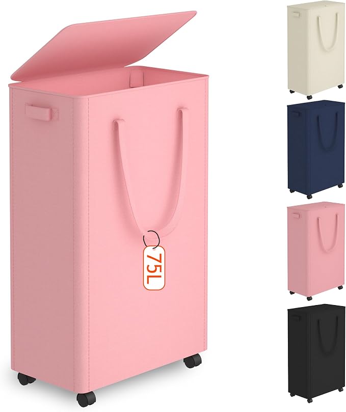 Slim Laundry Hamper with Wheels,20 Gal (75L) Rolling Laundry Basket with lid and wheels Clothes Hamper Foldable Tall Dirty Clothes Basket Sturdy Collapsible Clothes Hamper for Dorm,Laundry Room by Vincona