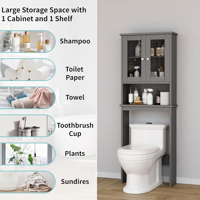 Shintenchi Over the Toilet Storage Cabinet, Bathroom Shelf Organizer with Anti-Tip Device Small Freestanding Space Saver with Adjustable Shelf and Glass Door, Gray - Image 4