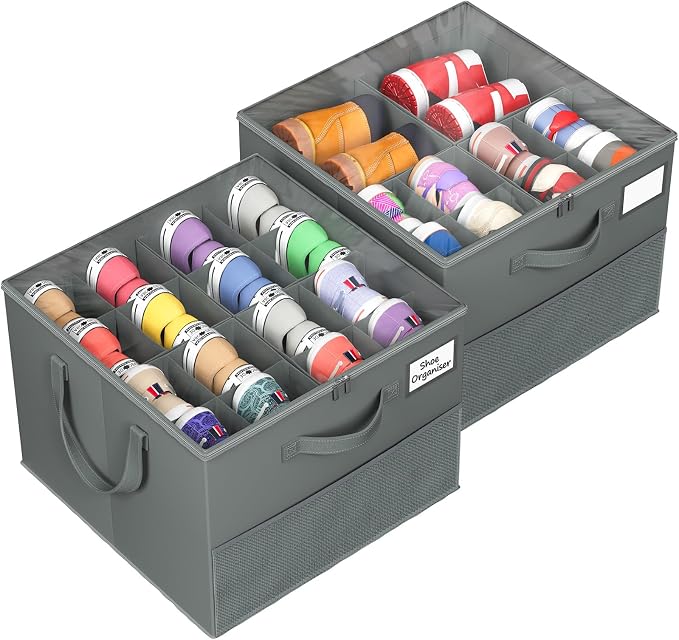 Large Reinforced Shoe Organizer for Closet with Adjustable Dividers, Gray | Customizable Compartments for Sneakers, Boots, Heels, Sandals, Clothes, Towels and Toys, Versatile Cube Storage Organizer by Unknown