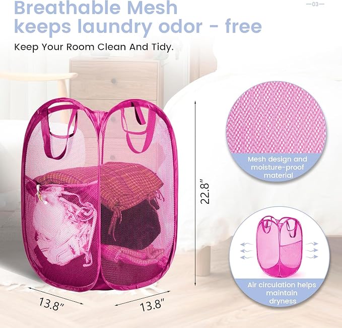 HOUSE AGAIN Strong Mesh Pop Up Laundry Hamper, 70L Collapsible Laundry Basket with Steel Frame, Double‑Stitched Handles & Side Pocket, Foldable Dirty Clothes Hamper for Dorm, Bedroom, Pink - Image 2