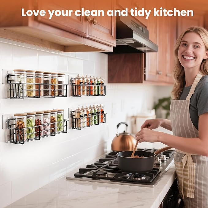 Mystozer Spice Rack Organizer Wall Mount, Hanging Spice Pantry Storage Shelf Organization, 4 Pack Space Saving Seasoning Organizer for Kitchen Cabinet, Door or Bathroom, Black - Image 2