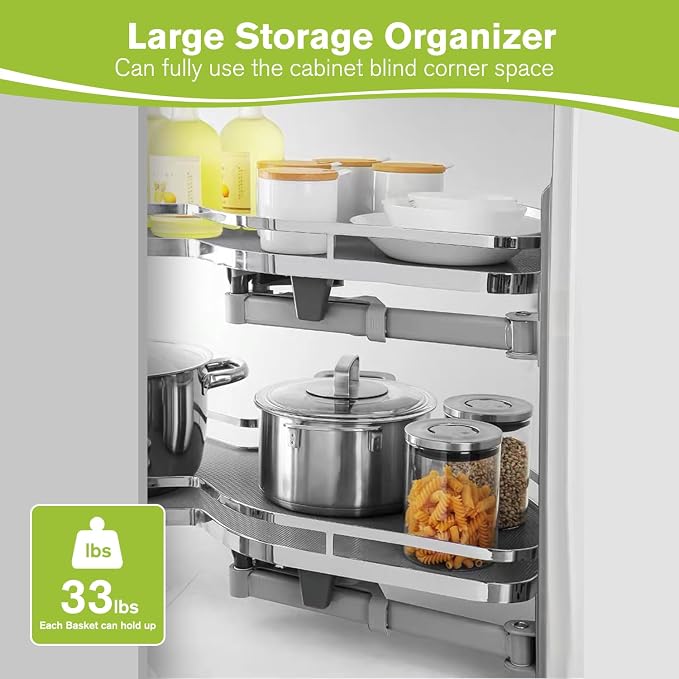 Blind Corner Cabinet Pull Out Organizer, Soft Close Swing Left Pull Out Cabinet Organizer 26 inch, Corner Cabinet Lazy Susan for Cabinet Blind Shelf, 2 Tiers Tray, Adjustable Height - Image 4