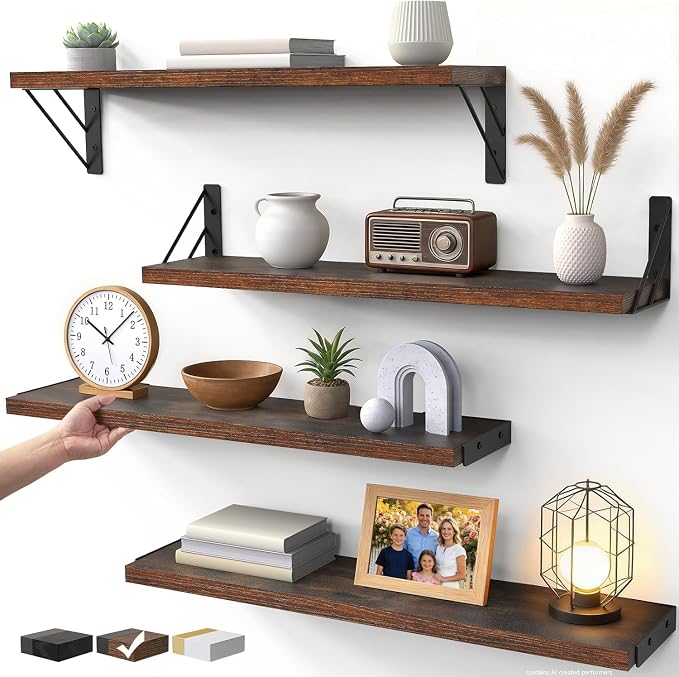 BAYKA Wall Shelves for Bedroom Decor, Wood, Rustic Brown, Set of 4, 23in by Bayka