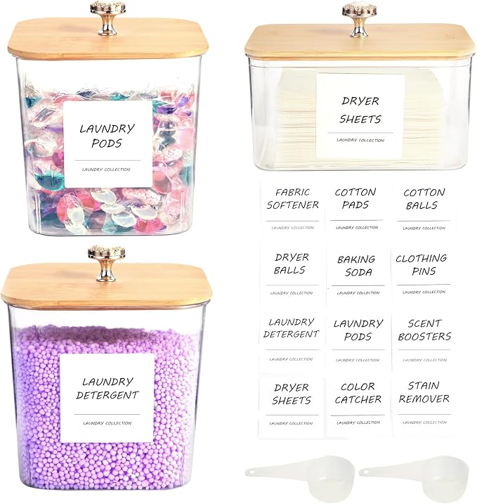 3 Pack Laundry Room Organization Storage Containers, Plastic Clear Laundry Pods Container & Dryer Sheet Holder Jars with Lids, Scoops & Labels for Detergent, Powder, Dryer Balls, Beads - Image 7