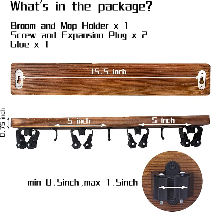 2 Pack Mop and Broom Holder Wall Mount Solid Wood Broom Rack Wall Mount 4 Positions 3 Hooks for Home, Kitchen, Garden, Tools, Garage Organizing, Cleaning Supplies Organizer Indoor Outdoor - Image 3