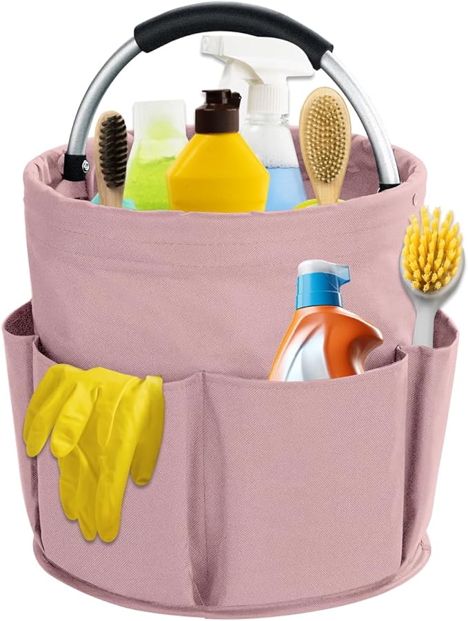 17L Cleaning Caddy with Handle, Cleaning Supplies Organizer, Foldable Storage Basket, Cleaning Supply Caddy, Portable Multi Cleaning Bucket Bag for Home, Garden (Pink) by Unknown