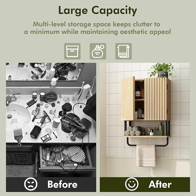 RUSTOWN Fluted Bathroom Wall Cabinet with 2 Doors, 3-Tier Medicine Cabinet - Image 9