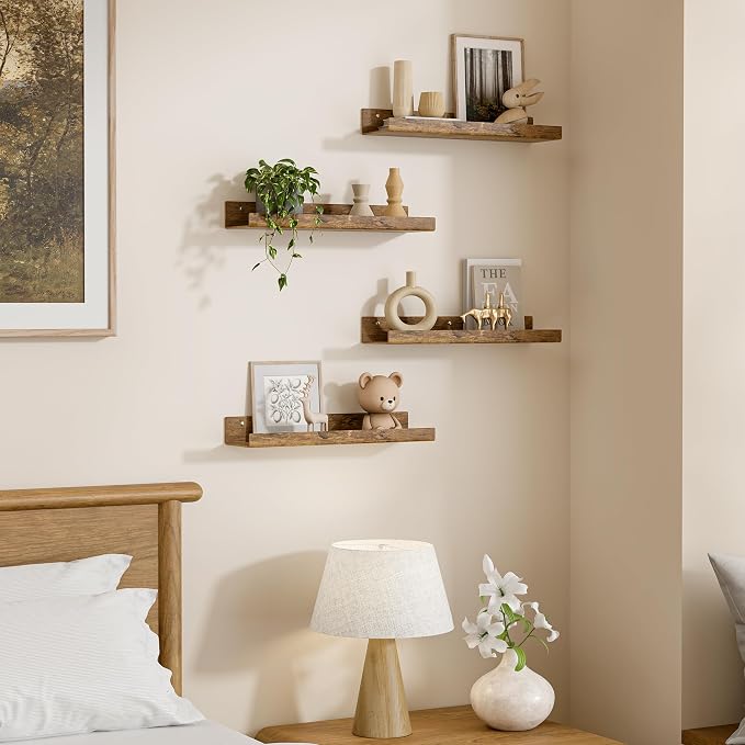 upsimples 4 Pcs 15" Acrylic Shelves for Wall Decor and Display, Rustic Wood - Image 5
