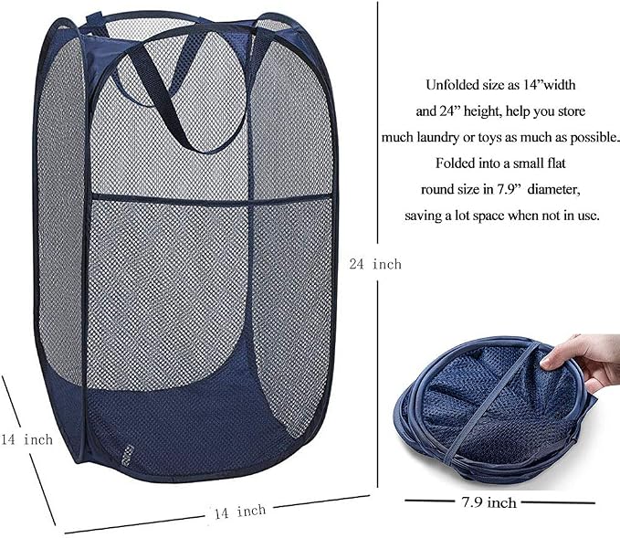 Larpur Popup Mesh Laundry Basket, Collapsible Clothes Washing Laundry Hamper with Reinforced Carry Handles, Portable Foldable Dirty Clothes Hamper for Home Dorm Cruise Travel (Blue) - Image 2