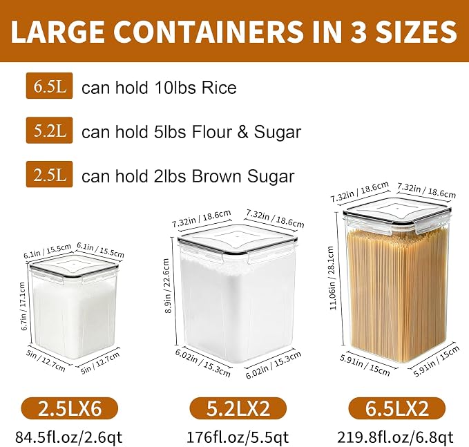 Flour Sugar Storage Containers, 10 Pack Large Airtight Food Storage Containers with Lids for Kitchen Pantry Organization and Storage, BPA Free Plastic Canisters Sets for Cereal, Rice and Baking - Image 3