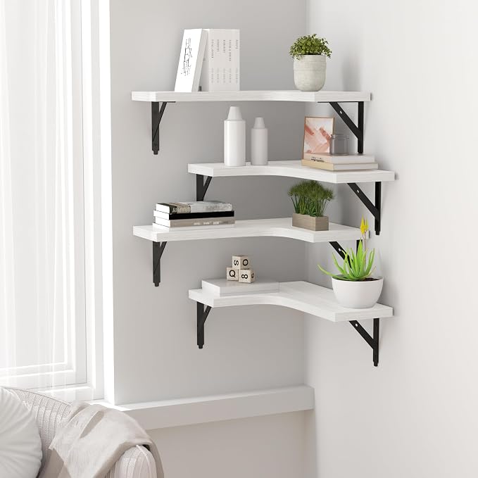 ROMGUAR CRAFT Corner Floating Shelves Wall Mounted Set of 4, Rustic Wood Storage Display Shelves for Home Decor, Bathroom, Kitchen, Bedroom, Living Room, Office (White) - Image 5