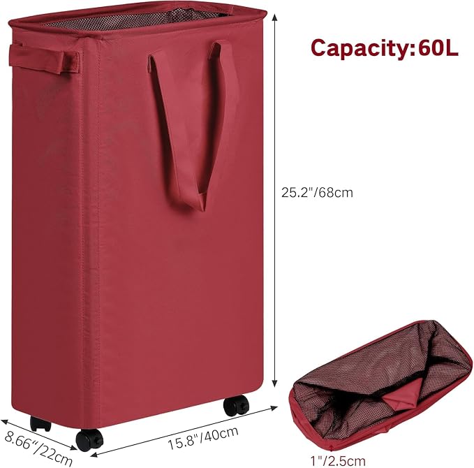 efluky Slim Laundry Hamper with Wheels, Rolling Laundry Basket for Clothes, Small Laundry Basket for Bedroom, Dorm and Laundry Room, 60L (12.7 Gallons) Red - Image 2