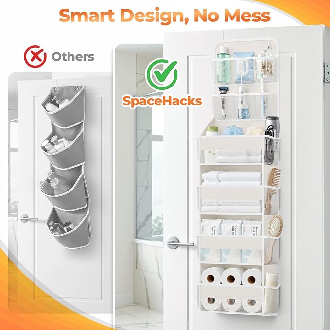 SpaceHacks 6-Tier Over the Door Organizer with Mesh Pockets, Baby Nursery Storage for Closet, Bathroom and Bedroom, Adjustable Hanging Closet Organizer for Cosmetics, Books and Essentials (Beige) - Image 4