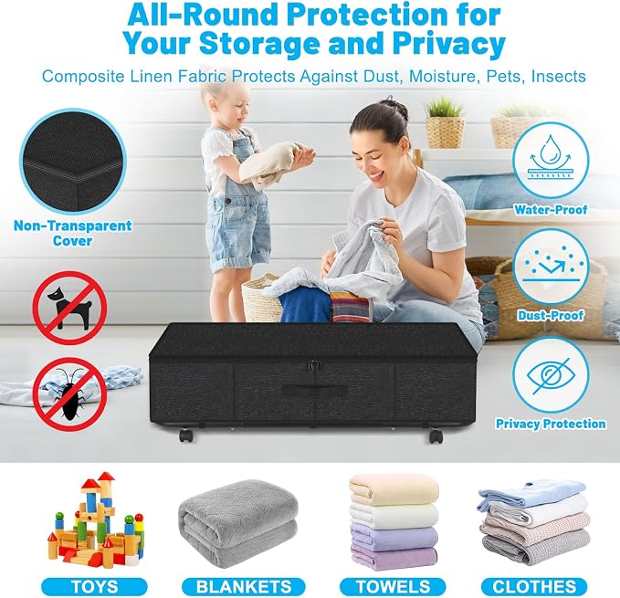 Large Sturdy Under Bed Storage with Wheels, 2 Pack 50L Rolling Underbed Storage Bins, Under Bed Containers Drawer with Metal Bottom Support, Bedroom Organizer with Lids for Clothes, Shoes, Blankets - Image 2