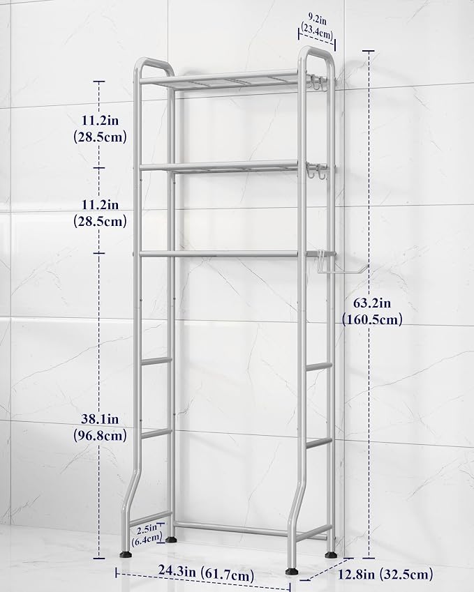 Kitsure Over Toilet Storage Rack, 63.2" H Space-Saving, Holder & Hooks - Image 2