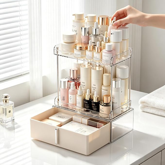 Pajiriona Makeup Organizer,Skincare Organizer for Vanity,2-Tier Large Capacity Cosmetic Storage Box for bathroom organizers and storage,Clear Cosmetic Display Case for Bedroom Countertop. - Image 3