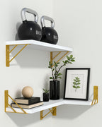 BAYKA Wall Shelves for Bedroom Decor, Floating Wall Shelves for Living Room Kitchen Storage, Wall Mounted Rustic Wood Shelves for Kids Books,Corner Shelves for Bathroom(White and Gold，Set of 3) - Image 7