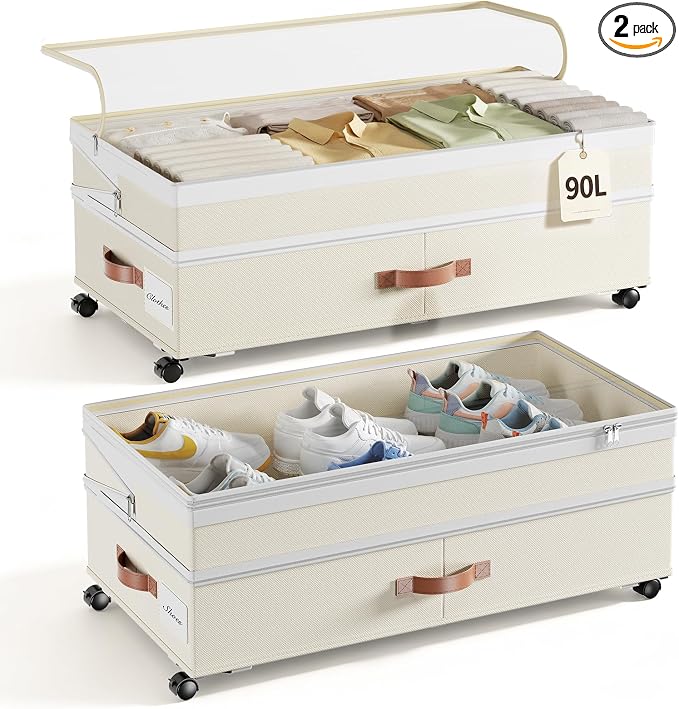 Yecaye 90L Under Bed Storage with Wheels, Height Adjustable, 2 Pack, Beige by Yecaye