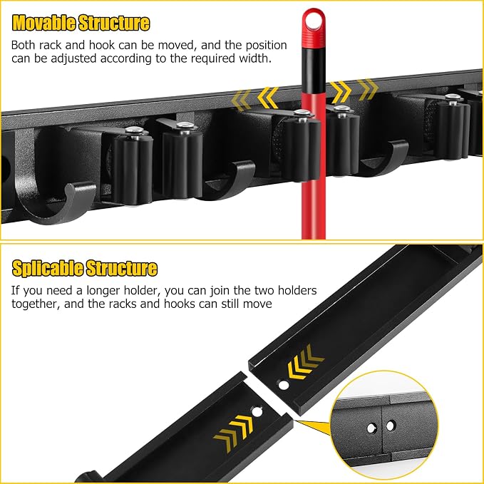 2 Pack Wall Mount Broom Holder with Sliding 3 & 4 Racks 4 Hooks，Mop Hanger - Image 4
