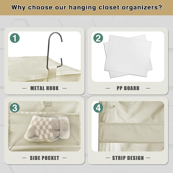 3-Shelf Hanging Closet Organizer, Washable Foldable Storage Shelves, Beige | Front lip keeps items secure; side pockets add room; Oxford fabric handles towels, shirts, baby items, dorms, RVs or travel. - Image 5