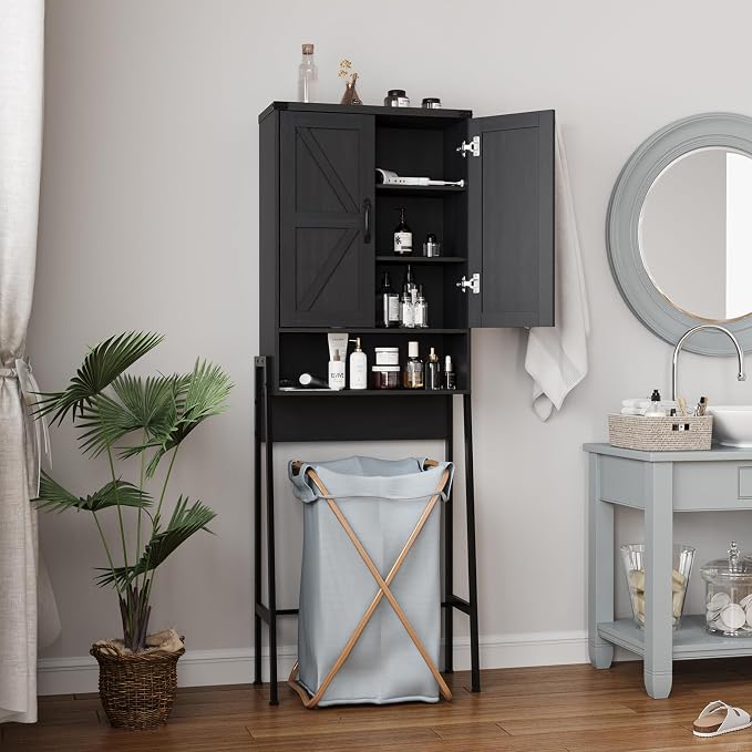 Vabches Over The Toilet Storage Cabinet with 2-Door Design Bathroom Organizers and Storage with Anti-Tip Device Over Toilet Organizer with Shelves for Bathroom,Restroom,Laundry Black - Image 6