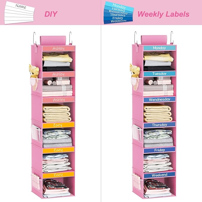 Fixwal Weekly Kids Clothes Organizer 6-Shelf Hanging Closet Storage Pink | Nonwoven Fabric, 6 Daily Shelves, 6 Mesh Side Pockets, 2 Metal Hooks, Foldable Design, for Kids Outfits and Accessories - Image 6
