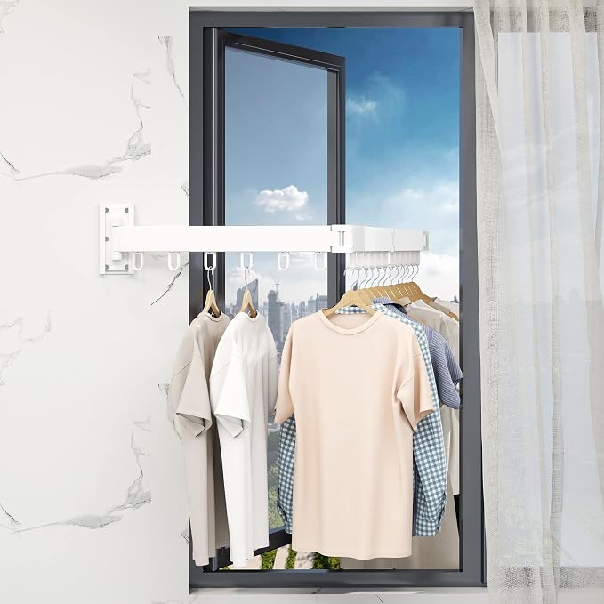 HEILAIYI Clothes Drying Rack,Laundry Drying Rack,Wall Mounted Clothes Rack,Laundry Rack Wall Mount,Folding Retractable Collapsible Drying Rack Clothing (Three-Poles,Loop Hooks,White) - Image 8