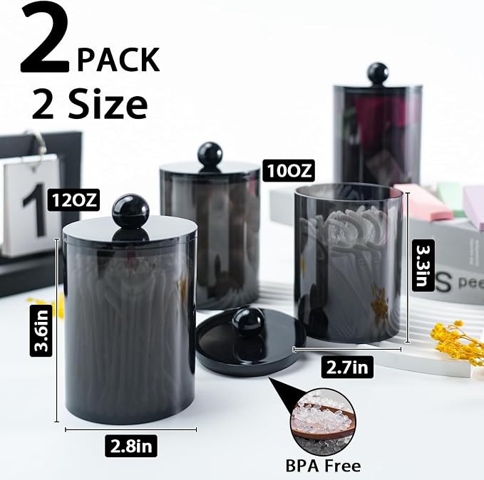 2 Pcs Acrylic Qtip Holder, Cotton Ball Holder Jars with Lids, Black - Image 2