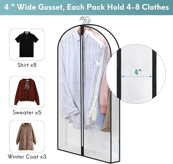 4 Pack - Dress Bags for Gowns Long W/ 4" Gussetes, 60'' Long Garment Bags for Gowns,Clear Garment Bags for Hanging Clothes, Dress Garment Bag for Storage and Travel - 24'' x 60'' - Image 2
