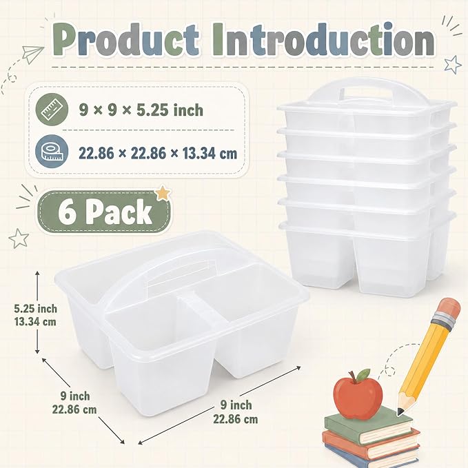 6 Pack Plastic Classroom Organizer Caddy with Handle, Clear - Image 2