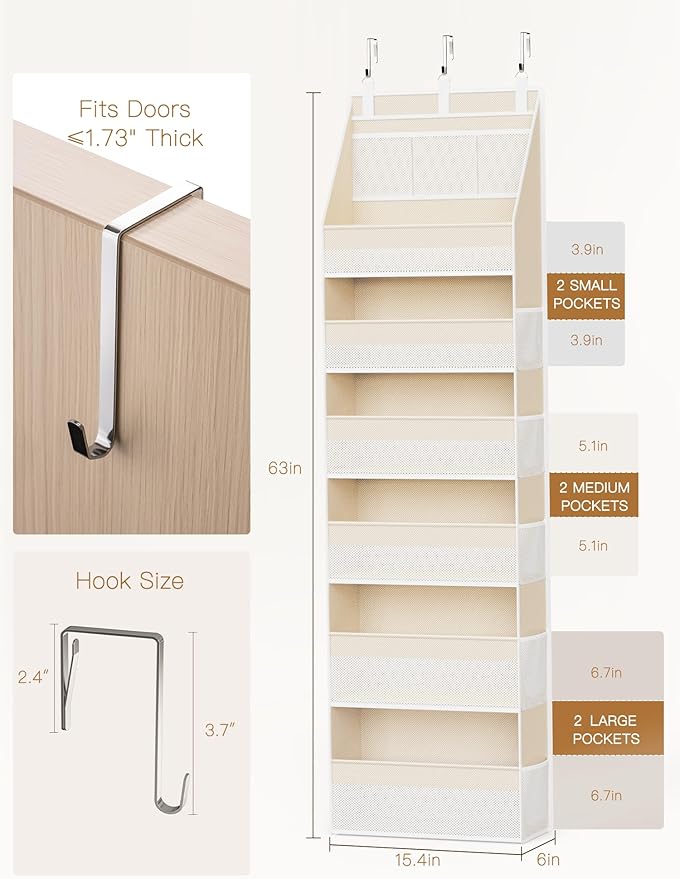 Criusia 2 Pack Over the Door Organizer, 6-Shelf Closet Hanging Storage with 13 Mesh Pockets, 55lbs Capacity Behind the Door Storage for Baby Nursery, Bathroom, Bedroom, and Dorm, Beige - Image 2