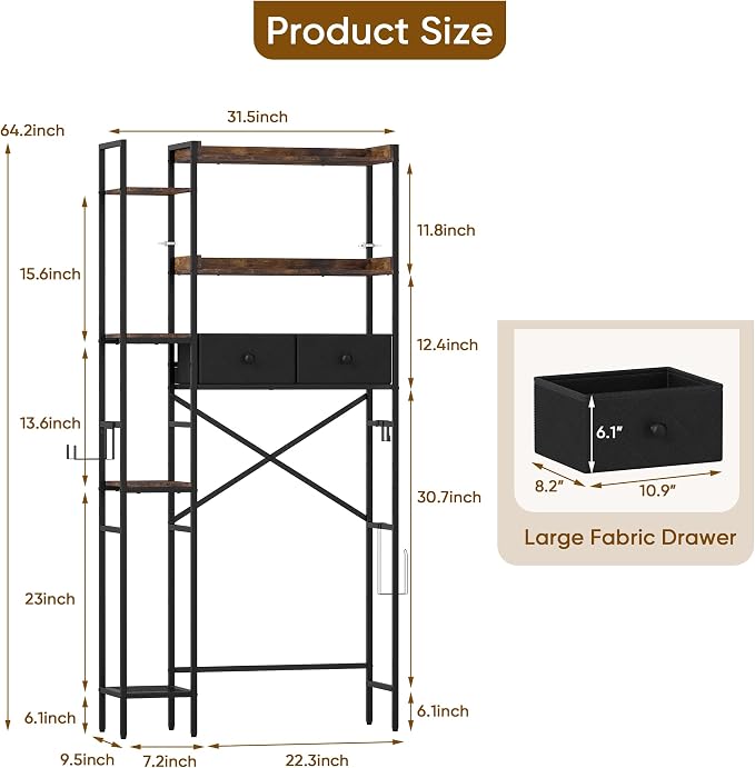 Over The Toilet Storage Rack, 7-Tier Over Toilet Bathroom Organizer with Adjustable Shelf, Above Toilet Storage with Hooks, Space-Saving, Brown Shelf - Image 2