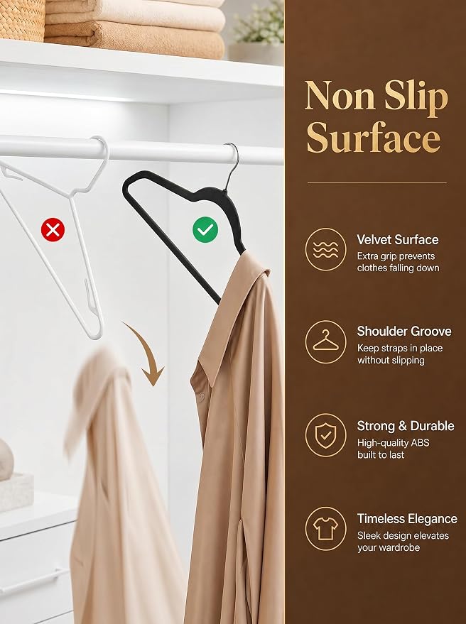 HOUSE DAY Black Velvet Hangers 50 Pack - Non Slip Felt Hangers, No Wrinkles - Image 3